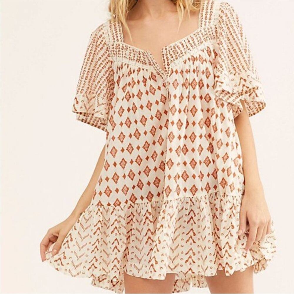 Free People Cream Mini Dress with Rust Diamond Motif